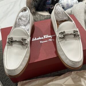 Salvatore Ferragamo White Slip-On Loafers with Silver Hardware